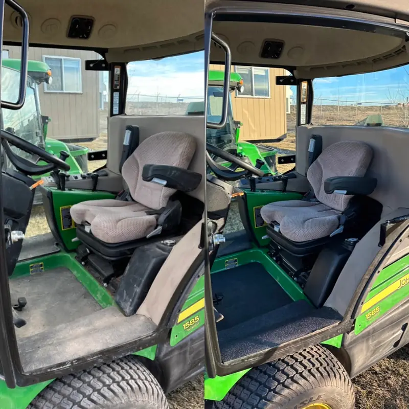 John Deere 1585 mower cab before and after: seat, floor mat and door sill