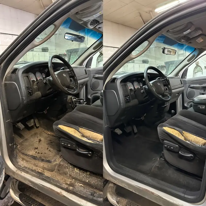 Ram truck cab before and after: a filthy floor and driver's seat on the left, cleaned on the right