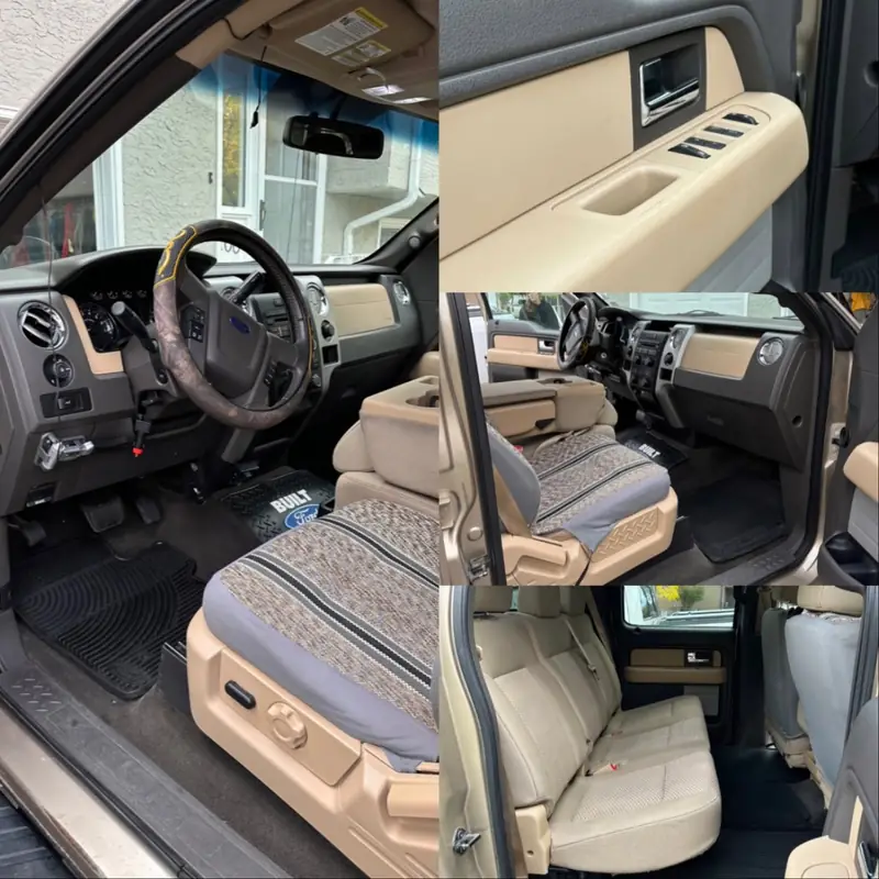 Four views of a Ford F-150 cab after cleaning: seats, door card and rear bench